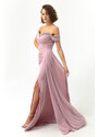 Lafaba Women's Powder Collar Stoned Tail Long Evening Dress