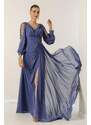 By Saygı V-Neck Long Evening Chiffon Dress with Draping and Lined Sleeves.