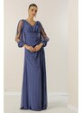 By Saygı V-Neck Long Evening Chiffon Dress with Draping and Lined Sleeves.