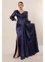 By Saygı Navy Blue Double Breasted Collar Sleeve Tulle Glitter Embroidered Front Pleated Lined Long Satin Dress