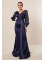 By Saygı Navy Blue Double Breasted Collar Sleeve Tulle Glitter Embroidered Front Pleated Lined Long Satin Dress