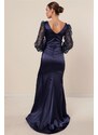 By Saygı Navy Blue Double Breasted Collar Sleeve Tulle Glitter Embroidered Front Pleated Lined Long Satin Dress