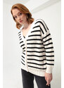 Lafaba Women's White Striped Button Detailed Knitwear Cardigan