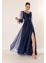 By Saygı Front Back V Neck Waist Stony Draped Lined Long Tulle Dress