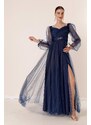 By Saygı Front Back V Neck Waist Stony Draped Lined Long Tulle Dress