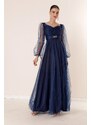 By Saygı Front Back V Neck Waist Stony Draped Lined Long Tulle Dress