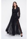 By Saygı Double Breasted Neck Long Sleeve Lined Chiffon Long Dress Black