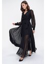 By Saygı Double Breasted Neck Long Sleeve Lined Chiffon Long Dress Black