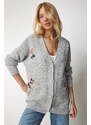 Happiness İstanbul Women's Gray Floral Embroidered Textured Knitwear Cardigan