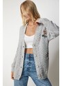 Happiness İstanbul Women's Gray Floral Embroidered Textured Knitwear Cardigan