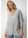 Happiness İstanbul Women's Gray Floral Embroidered Textured Knitwear Cardigan