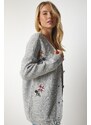 Happiness İstanbul Women's Gray Floral Embroidered Textured Knitwear Cardigan