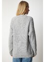 Happiness İstanbul Women's Gray Floral Embroidered Textured Knitwear Cardigan