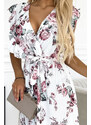 numoco basic GABRIELLA - Bílé dámské šaty s volánky, výstřihem, zavazováním a se vzorem vínových bordó růží 466-1