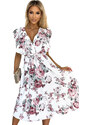numoco basic GABRIELLA - Bílé dámské šaty s volánky, výstřihem, zavazováním a se vzorem vínových bordó růží 466-1