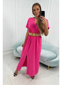 K-Fashion Dlouhé šaty s ozdobným páskem růžové