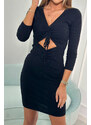 K-Fashion Žebrované šaty s vázaným výstřihem černé