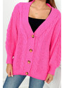 K-Fashion Svetr na knoflíky s buffovými rukávy růžový neon