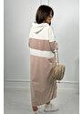 K-Fashion Trikolorní šaty s kapucí ecru +tmavě béžová + světle béžová