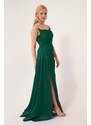 Lafaba Dámské smaragdově zelené rozparkové dlouhé saténové večerní šaty