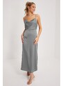 Madmext Gray Satin Scoop Neck Midi Dress