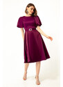 Lafaba Women's Plum Satin Evening Dress with Balloon Sleeves and Stones and a Belt.