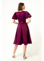 Lafaba Women's Plum Satin Evening Dress with Balloon Sleeves and Stones and a Belt.