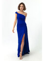 Lafaba Women's Sax One-Shoulder Long Evening Dress with Stones.