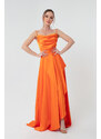 Lafaba Women's Orange Satin Evening &; Prom Dress with Ruffles and a Slit