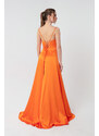 Lafaba Women's Orange Satin Evening &; Prom Dress with Ruffles and a Slit