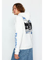 Trendyol Ecru Oversize/Wide-Fit Fluffy Ski Printed Fleece Inner Cotton Sweatshirt