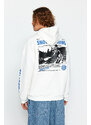 Trendyol Ecru Oversize/Wide-Fit Fluffy Ski Printed Fleece Inner Cotton Sweatshirt