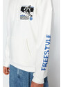 Trendyol Ecru Oversize/Wide-Fit Fluffy Ski Printed Fleece Inner Cotton Sweatshirt