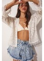 Happiness İstanbul Women's Ecru Tasseled Openwork Summer Knitwear Cardigan