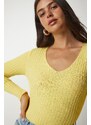 Happiness İstanbul Women's Yellow V-Neck Ribbed Basic Blouse