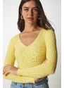 Happiness İstanbul Women's Yellow V-Neck Ribbed Basic Blouse