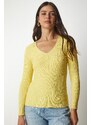 Happiness İstanbul Women's Yellow V-Neck Ribbed Basic Blouse