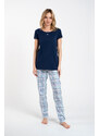 Italian Fashion Glamour dámské pyžamo, krátký rukáv, dlouhé kalhoty - tmavě modrá/potisk