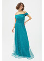 Lafaba Women's Turquoise Boat Neck Silvery Long Evening Dress