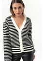 Lafaba Women's Ecru Striped Button Detailed Oversized Knitwear Cardigan