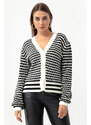 Lafaba Women's Ecru Striped Button Detailed Oversized Knitwear Cardigan