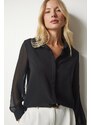 Happiness İstanbul Women's Black Chiffon Sleeve Elegant Shirt