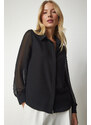 Happiness İstanbul Women's Black Chiffon Sleeve Elegant Shirt