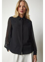 Happiness İstanbul Women's Black Chiffon Sleeve Elegant Shirt