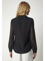 Happiness İstanbul Women's Black Chiffon Sleeve Elegant Shirt