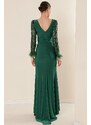 By Saygı Double-breasted Collar Draped Long Sleeves Lined Lycra Dress with Stitching Feather Detail Emerald.