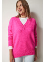 Happiness İstanbul Dámský fuchsiový oversize pletený svetr s výstřihem do V
