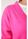 Happiness İstanbul Dámský fuchsiový oversize pletený svetr s výstřihem do V