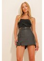 Trend Alaçatı Stili Women's Black Slit Detailed Faux Leather Short Skirt