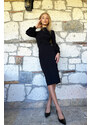 Trend Alaçatı Stili Dámské šaty s černým pasem a vysokým výstřihem s balónovým rukávem